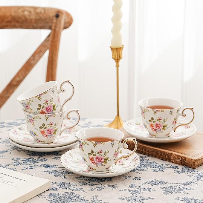 Agyiuns tea cups and saucers ceramic coffee mug 6oz for Coffee, Latte, Cafe Mocha and Tea-Set of 4, white with flowers