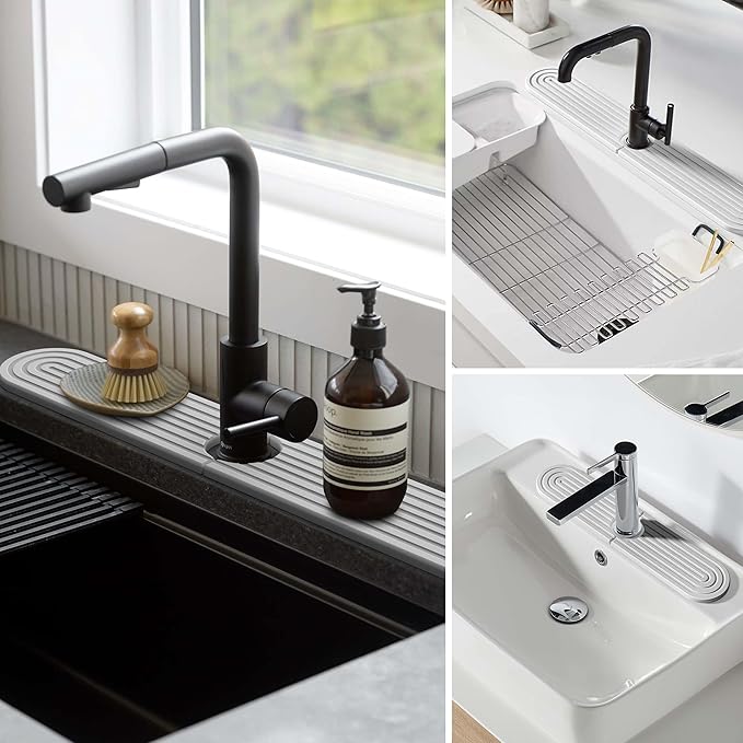Stone Faucet Mat for Kitchen Sink – Diatomite Fast-Drying Stone Tray, Faucet Mat Sink Splash Guard, Decorative Sink Protector for Kitchen Bathroom Counter (Light Grey, 30''x3.9'')