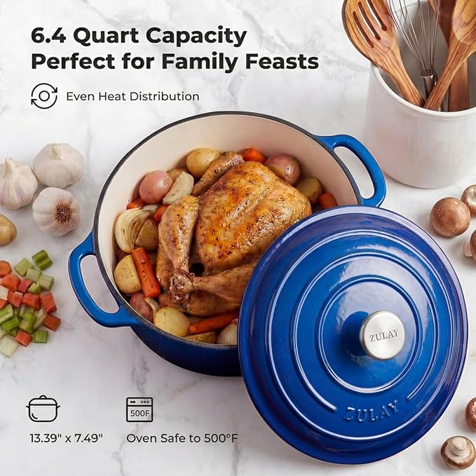 Zulay Kitchen 6.4QT Enameled Cast Iron Dutch Oven Pot with Lid, Heavy-Duty Soup Pot for Stews, Braising, Roasting & Sourdough Bread Baking, Oven Safe up to 500°F - Blue