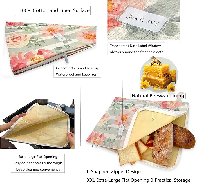 Reusable Beeswax Bread Bags for Sourdough – XXL Large Bread Storage Bag with L-Shape Wide Zipper & Detachable Shoulder Strap, Set of 2 + Cotton Linen Bowl Cover for Homemade Bread
