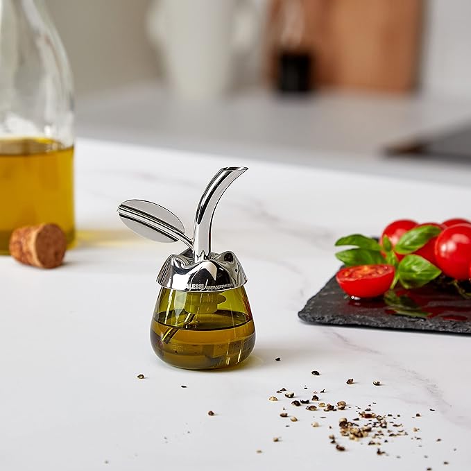 Alessi "Fior d'olio" Pourer For Olive Oil Bottle in 18/10 Stainless Steel Mirror Polished And Thermoplastic Resin With Taster in Glass, Silver