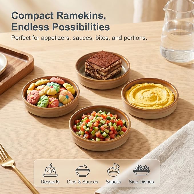 ONEMORE Creme Brulee Ramekins 4 oz Ceramic Ramekin Set of 14, Oven Safe Baking Dishes, Small Sauce Cups for Custard, Souffle, Dessert, Dip, Kitchen Prep, Stackable Glazed Bakeware