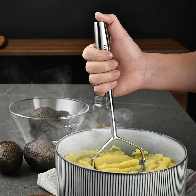 Heavy Duty Stainless Steel Potato Masher - Solid Cast 304 Stainless Steel - Mirror Polished, Professional Ergonomic Hand Masher for Potatoes, Sweet Potatoes, Avocado, Beans, Meat & Baby Food