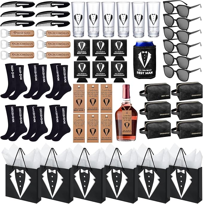60Pcs Groomsmen Gifts Groomsmen Proposal Box with Shot Glasses Socks Sunglasses PU Leather Toiletry Bag Bottle Opener Can Cooler Groomsman Gifts for Wedding Groomsmen Best Man Gift (60, Black)