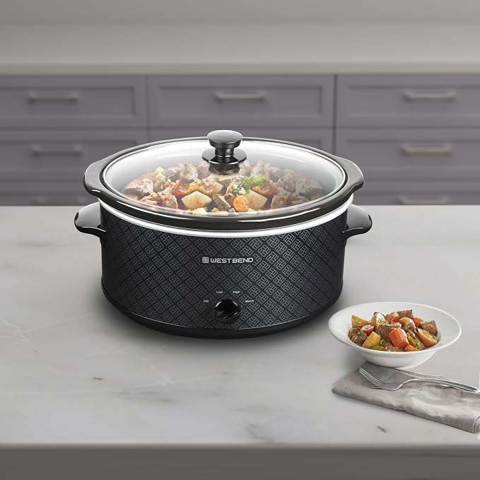 West Bend Slow Cooker 6-Quart Manual Crockery Style with Dishwasher Safe Oval Ceramic Crockpot and Glass Lid Two Temperature Settings Plus Keep Warm, 330-Watts, Black