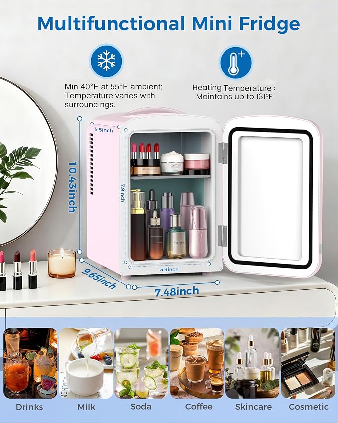 Electactic Mini Fridge for Skincare, 4L/6 Cans Portable Compact Cosmetic Fridge, Retro Desktop Fridge with AC/DC Adapters, Small Cooler and Warmer for Beverage, Makeup, Bedroom, Office, Kids, Pink