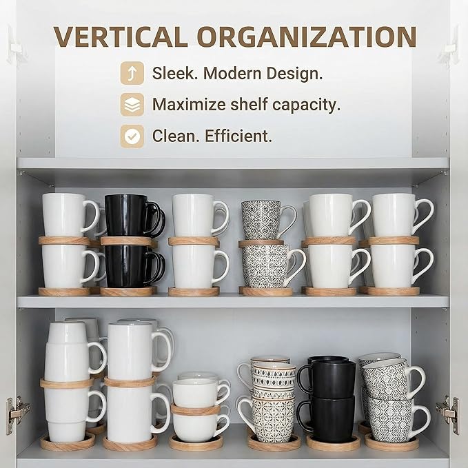 Mug Organizer - Wooden Coffee Mug Stackers, Mug Organizer for Kitchen Cabinet,Equipped with Food Grade Non-Slip Pad 6 Pack