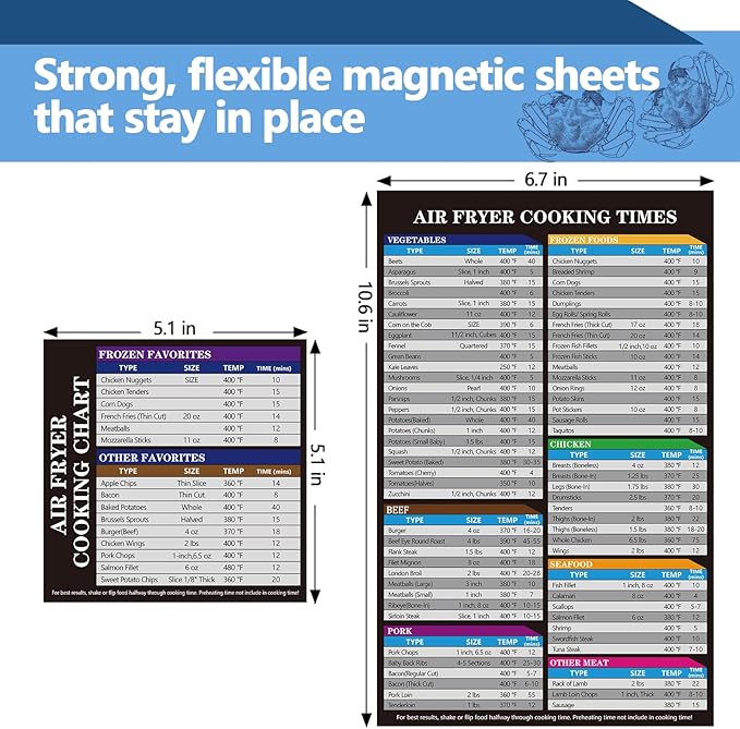 UBeesize Air Fryer Magnetic Cheat Sheet Cooking Times Chart, Must Have Air Fryer Accessories, Healthy Airfryers Cookbook Accessory Liners Food Kitchen Conversion, Cooking Guide for Beginners(2 Pack)