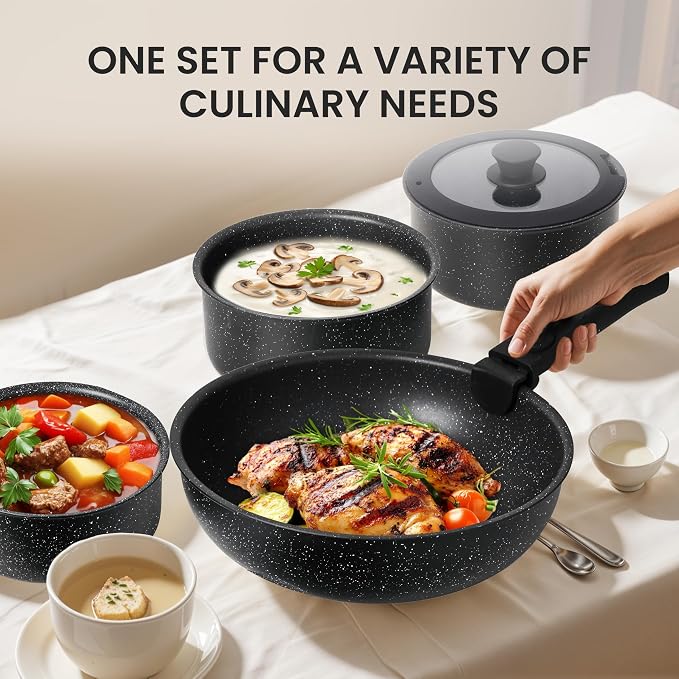 HealSmart 12 Pcs Cookware Set, Granite Non Stick Pots & Pans with Removable Handles, High Heat Resistant Oven Safe Cooking Kit, PFAS & PFOA Free Kitchen Cooking Ware, Black