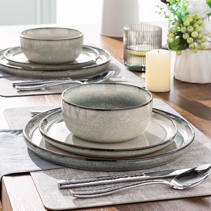 GBHOME 24 Pieces Double Bowls Ceramic Dinnerware Sets for 6, Stoneware Plates and Bowls Set with Reactive Glaze, Scratch Resistant Stoneware Dishes Set, Dishwasher & Microwave Safe