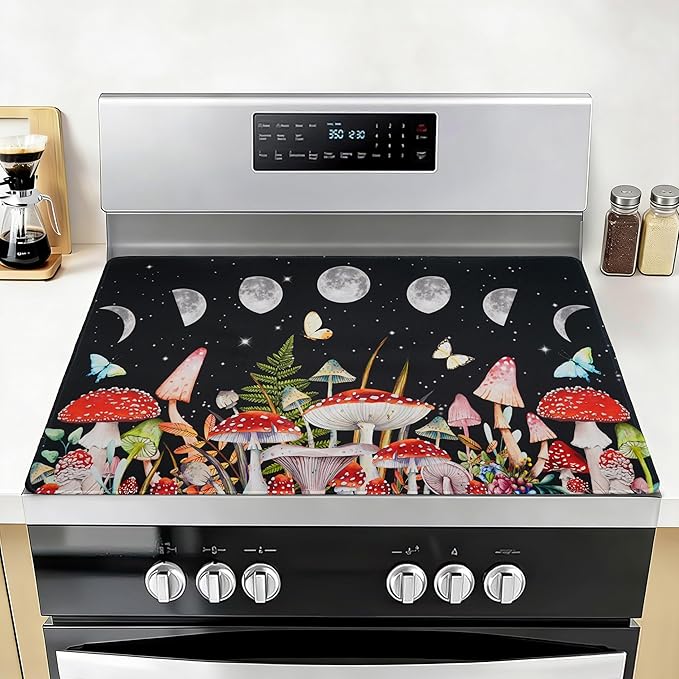 Farmhouse Mushroom Stove Top Covers for Electric Stove 20x28 Inch Farmhouse Heat Resistant Glass Top Stove Cover Washable Foldable Cooktop Protector
