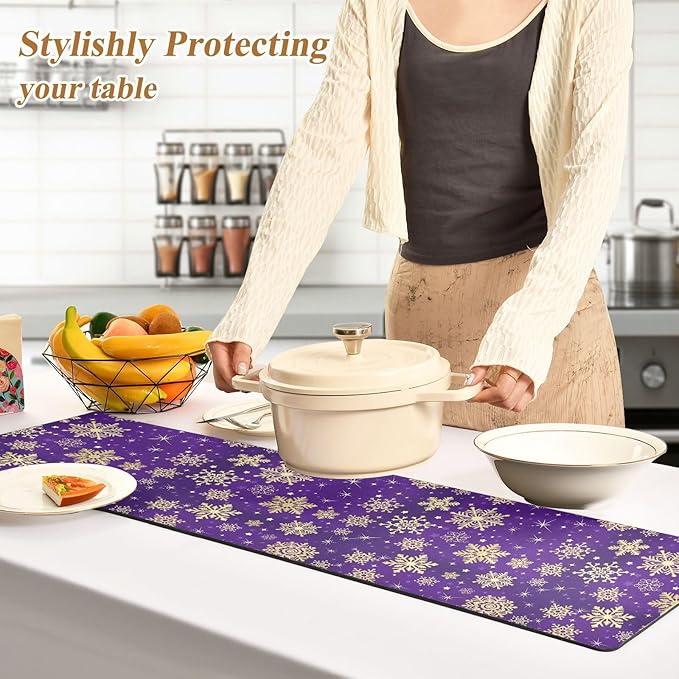 Winter Violet Purple with Gold Snowflakes Christmas Trivet Table Runner 40 Inches Long Trivet for Hot Pots and Pans/Hot Dishes,Table Protector Heat Up to 230F, Decorative Hot Plates Mat for Kitchen Co
