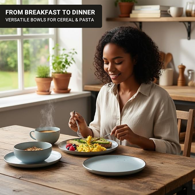 Dinner Set 16 PCS – Premium Ceramic Tableware in Blue – Includes 4 Dinner Plates, 4 Side Plates, 4 Rice Bowls & 4 Soup Bowls – Durable, Stylish & Microwave Safe