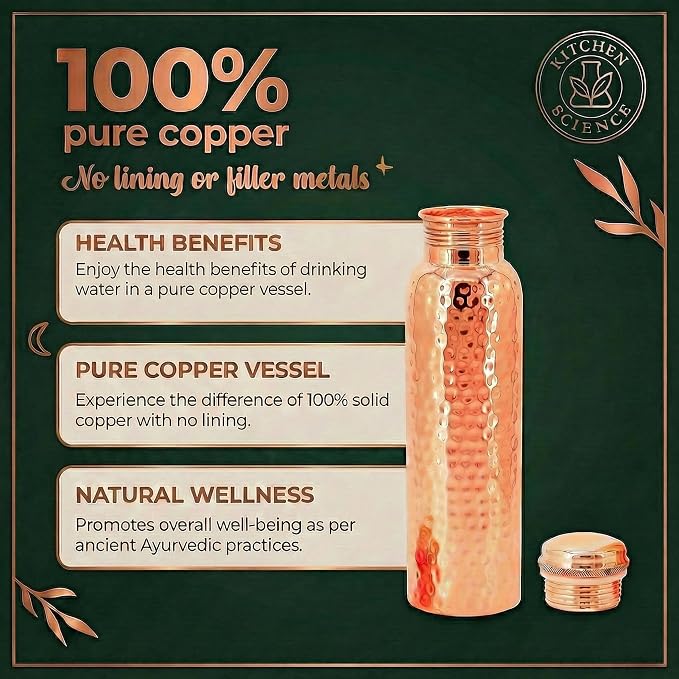 Kitchen Science -Authentic 34oz/1000ml Copper Water Bottle with Tumbler and Leather Sleeves – Leak-Proof, Lab-Tested