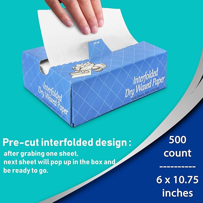 Fit Meal Prep 500 Sheets 6 x 10.75” Dry Wax Paper Sheets for Food, Greaseproof Sandwich Wrapping, Interfolded Deli Wax Paper for Fries, Burgers, Food Basket, Made in USA