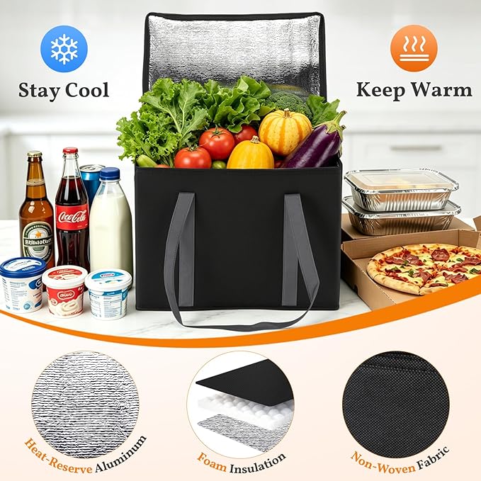3-Pack XL-Large Insulated Grocery Bags, Collapsible Cooler Bags with Zipper, Multi-Purpose Insulated Tote for Shopping Camping Beach and Trips