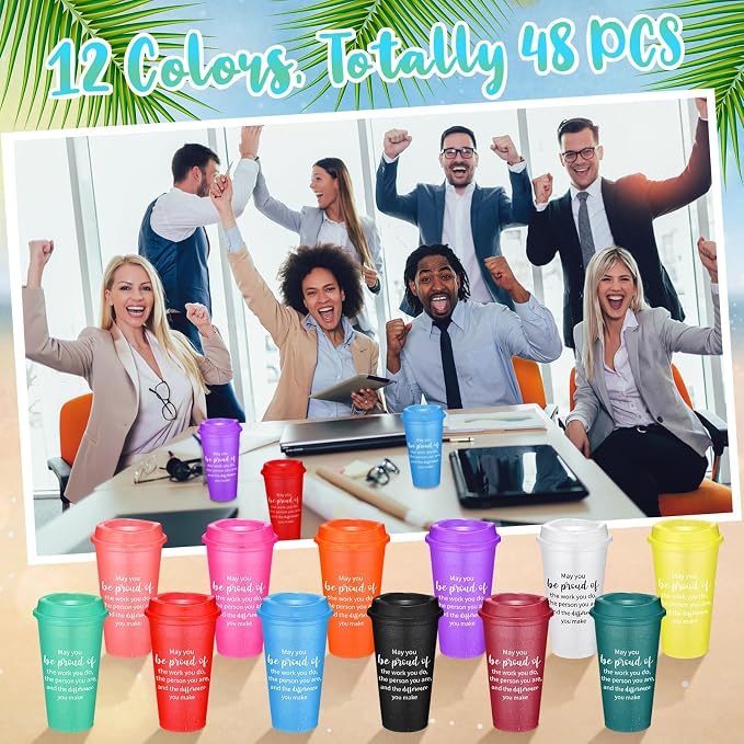 Skylety 48 Pcs Appreciation Tumblers Gifts Bulk 16 oz Thank You Teacher Employee Plastic Coffee Cups with Lids Colorful Reusable Inspirational Tumblers for Coworker Staff Christmas