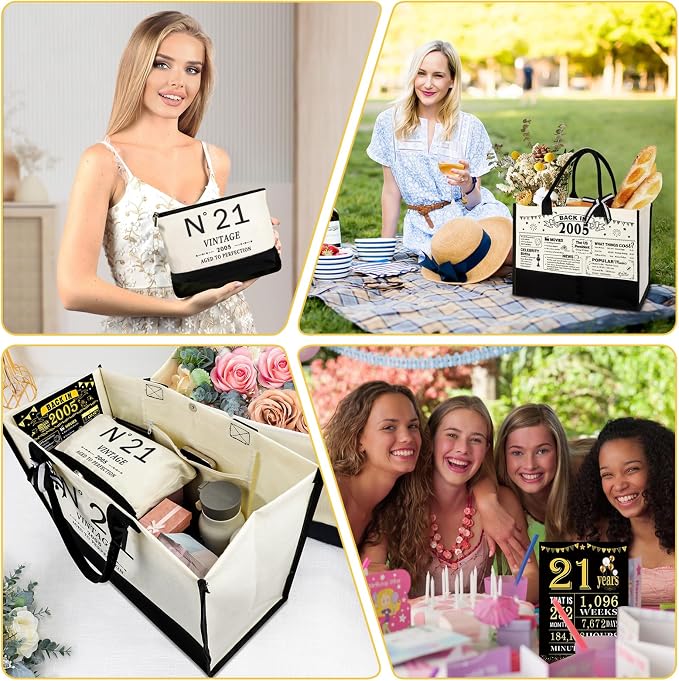 21st Birthday Gift for Her Canvas Tote Bag Travel Gear, Unique 21 Years Old Gifts for Girlfriend Sister Coworker Friends Classmate Women, Vintage N°21 Handbag & Cosmetic Bag & Back in 2005 Poster