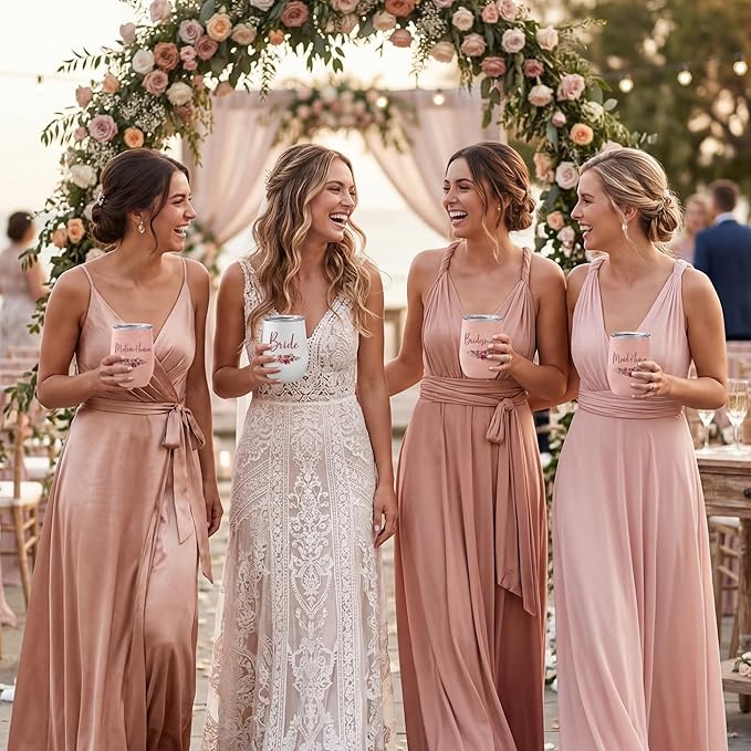 CARAKNOTS Matron of Honor Gifts Bridesmaid Tumbler Bridesmaid Proposal Gifts Wedding Wine Tumbler for Engagement Bachelorette Party Pink Stainless Steel Tumblers with Lid and Straw 12 oz