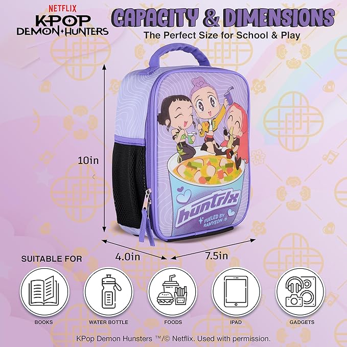 K-Pop Demon Hunters Huntrix Fueled by Ramyeon Lunch Box, Full Zip Around Insulated Lunch Tote Bag For Hot and Cold Food, Purple