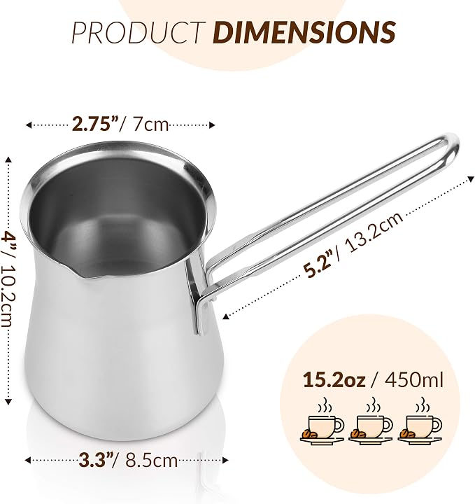 Quality Turkish Coffee Pot - Turkish Coffee Maker, Chai Pot, Arabic Coffee Pot, Briki Greek Coffee Pot, Greek Briki, Cezve, Ibrik (15oz)