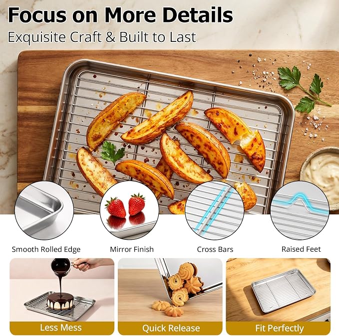 Onader Toaster Oven Tray and Rack Set, Stainless Steel Baking Cookie Sheet | 10⅜ x 8⅛ Inch Small Broiler Baking Pan with Metal Cooling Rack, 2 Sheet Pans + 2 Wire Rack, Rust Resistant