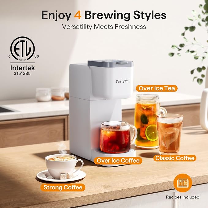 Tastyle Single Serve Coffee Maker for K Cup, Ground and Tea, Hot and Iced Coffee Machines with Bold Setting, 6 to 16 Oz Brew Sizes, Compact for Small Spaces, White (2.0 Version)