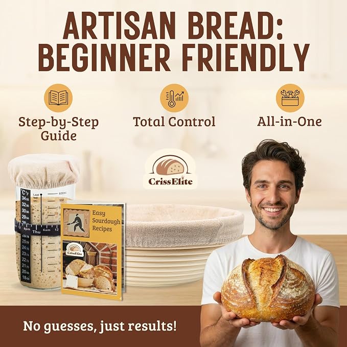 Sourdough Starter Kit for Beginners – 9” Banneton Bread Proofing Basket with 24oz Glass Sourdough Starter Jar & Sourdough Bread Baking Supplies, Easy No-Fail Kit, Gift for Home Bakers