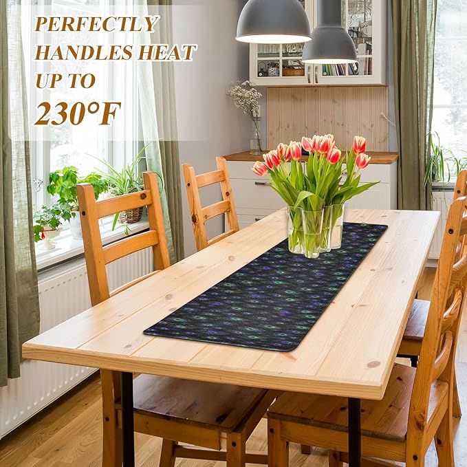 2 in 1 Table Runner Trivet for Hot Pots and Pans Heat Resistant Non Slip Waterproof 39 x 12 Inch Decorative Table Protector for Kitchen Countertop Black Mardi Gras Feathers