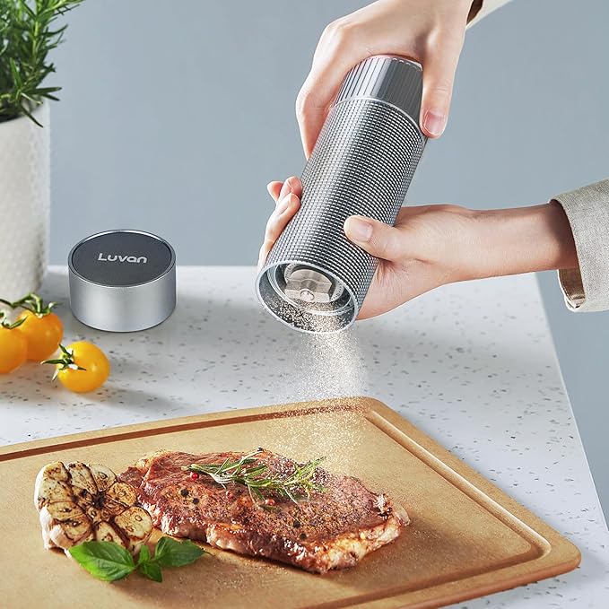 Luvan Salt Grinder, Professional Grade Salt Mill with Unique Burr Grinder, 12 Adjustable Coarseness Settings, Lightning-fast grinding speed, Heavy Duty Aluminum Manual Salt and Pepper Grinder