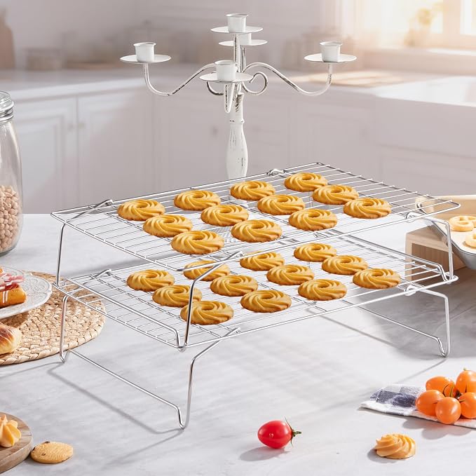 LIANYU Cooling Rack 15"x10" 2 Pack, 2-Tier Stackable & Collapsible Stainless Steel Baking Wire Racks for Cooking, Baking, Roasting and Drying, Oven & Dishwasher Safe, Silver