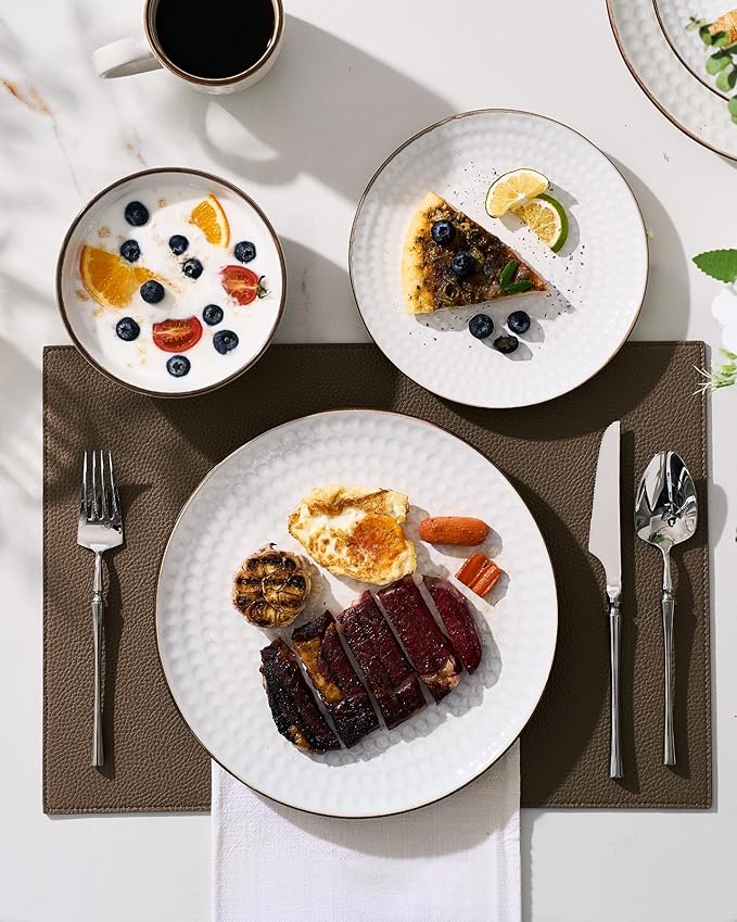 Famiware Eden Embossed Plates and Bowls Sets, Stoneware Dinnerware with Gold Trim, 12-Piece Luxury Dishes for 4, Everyday & Formal Use, Chip/Scratch Resistant, Microwave/Dishwasher Safe, White Circle