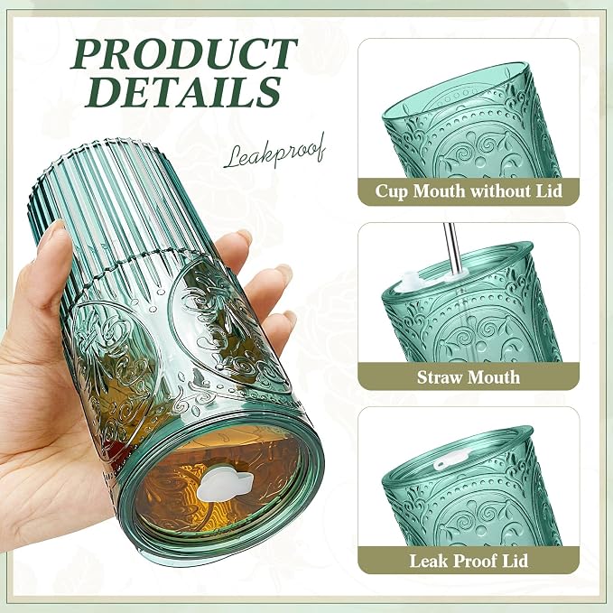4 Set 20oz Vintage Plastic Tumbler with Lids and Straws Ribbed Floral Drinking Glasses Reusable Iced Coffee Cups for Water Juice Smoothie Cocktail Travel Party Events Gift (Mixed Color)