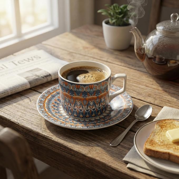 Snailhouse Cappuccino Cup and Saucer Set, 8.8 OZ Ceramic Bohemian Latte Coffee Espresso Tea Art Cup Mug for Kitchen or Cafe, Dishwasher and Microwave Safe