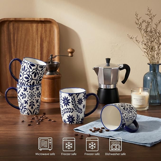 glowworm Coffee Mugs, 16 Ounce Ceramic Coffee Cups Set of 4, Large Latte Cups with Handle for Tea, Mocha, Milk, Perfect for Family Kitchen & Holiday Gifts, Dishwasher & Microwave Safe, Blue & White