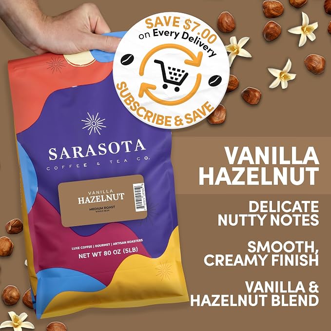 Sarasota Coffee Whole Bean Vanilla Hazelnut | Medium Roast Gourmet Flavored Coffee Beans | Low Acid, Mold Free, Specialty Grade Bulk Beans | 5lb (80 oz)