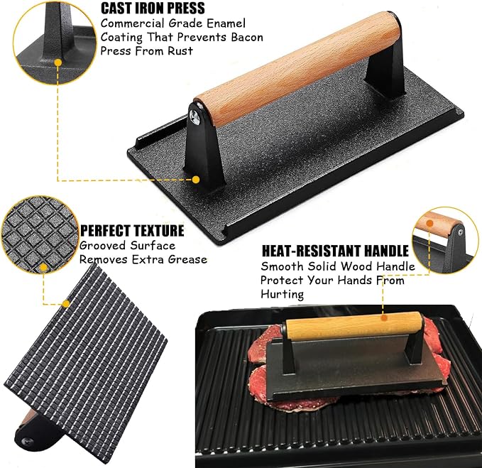 Smash Burger Kit, Heavy-Duty Round & Rectangle Cast Iron Smash Bacon Press, Spatula, Hamburger Stuffed Patty Maker & Patty Papers, Burger Tool for Blackstone Grill and Griddle Accessories Barbeque