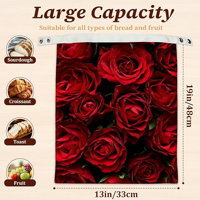 Bread Bags for Homemade Bread, Red Rose Flower 2 Pack Linen and Beeswax Sourdough Storage Bags, Reusable Keeper, Keeps Breads Fresh Longer, Gifts for Bakers