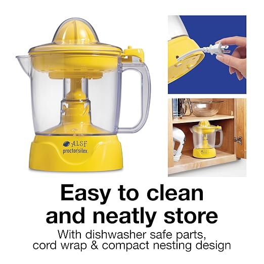 Proctor Silex Alex's Lemonade Stand 34 oz. Electric Citrus Juicer | Pressure Activated | 2 Reamers For Big and Small Fruit | Pulp Control | For Orange, Lemon, Grapefruit Juice | Yellow
