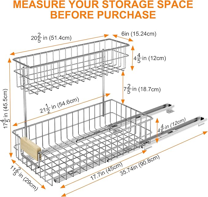 ROOMTEC Pull Out Cabinet Organizer, Under Sink Slide Out Storage Shelf with 2 Tier Sliding Wire Drawer, Sliding Storage for Inside Kitchen Cabinet- 11½ in. W x 21½ in. D (Left)