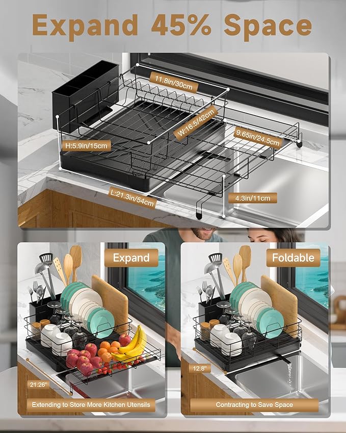 Dish Drying Rack Expandable Rack for Kitchen Counter, Carbon Steel Dish Racks Rust-Proof Large Capacity Dish Drainer with Utensil Holder, Space Saving for Bowls, Plates & Cups, Black