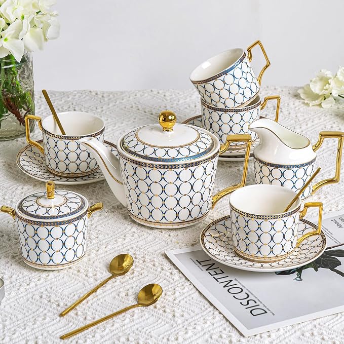 CwlwGO- Bone China Tea Cup Sets,15-Pieces Tea Cup and Saucer Set Service For 4 Whit 28 Ounces Teapot,Sugar Bowl,Creamer Pitcher and Spoons, Tea Gifts Sets For Women Patry.