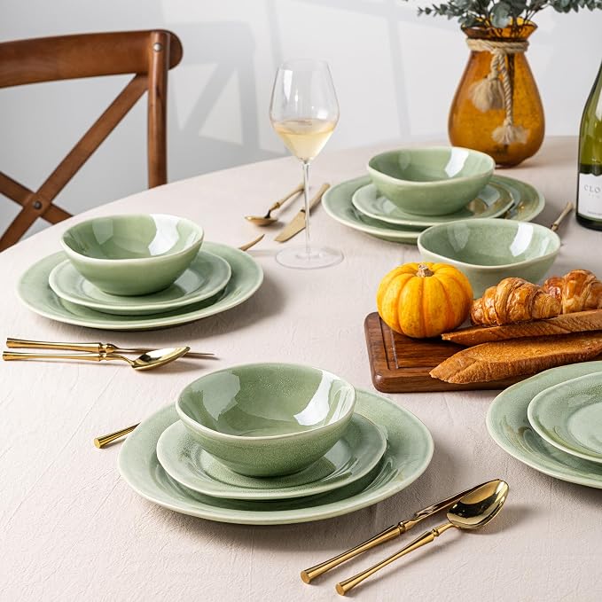 AmorArc Ceramic Dinnerware Sets, Handmade Stoneware Reactive Glaze Plates and Bowls Set, Scratch Resistant | Dishwasher & Microwave Safe, Service for 4 (12pc)