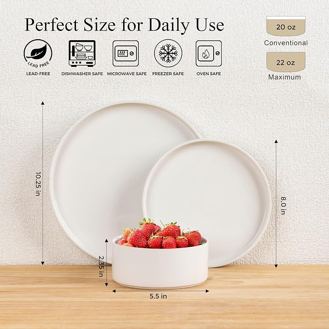 LERATIO Ceramic Dinnerware Sets,Handcraft Embossed Stoneware Plates and Bowls Sets,Highly Chip and Crack Resistant | Dishwasher & Microwave & Oven Safe Dishes set,Service for 4 (12pc)-White