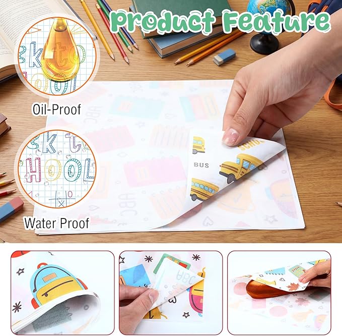 Reallnaive 300 Pcs Back to School Wax Paper Sheets 12 x 12 Inch Parchment Deli Tissue Paper Sandwich Wrapping Sheets Food Basket Liners for Kitchen Restaurant Baking Supplies, 6 Styles