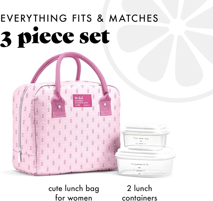 Fit & Fresh Bloomington Lunch Bag for Women - Insulated Large Lunch Box for Work with Containers, Leak-Resistant, Stain-Resistant, Zipper Closure, Tiny Pink Flowers