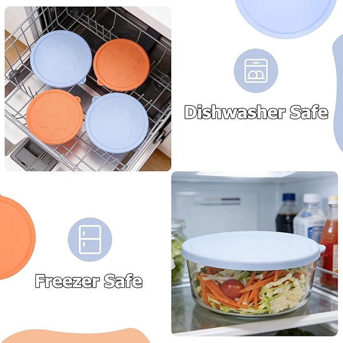 4 Cup 7 Cup Round Silicone Replacement Lids for Pyrex Glass Bowls, 4 Pack, Microwave & Dishwasher & Freezer Safe (Container not Included)