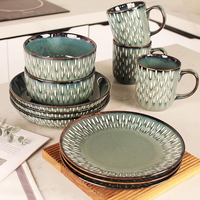 Dinnerware Sets 16 Pieces - Round Reactive Glaze Tableware - Kitchen Dinnerware Porcelain Crockery with Dinner Plate, Bowl and Soup Plate Service for 4, Microwave Dishwasher Safe, Set No.4