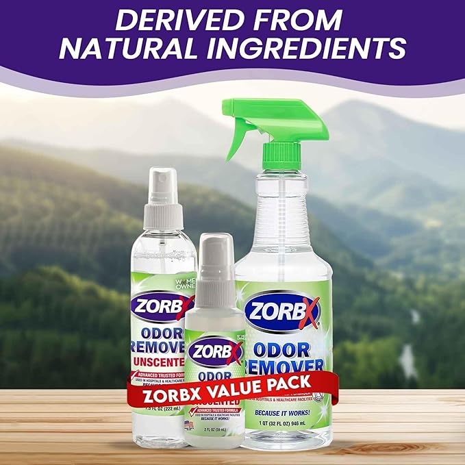 ZORBX Unscented Odor Eliminator for Strong Odor - Used in Hospitals & Healthcare Facilities | Advanced Formula, Fast-Acting Odor Remover Spray for Dog, Cat, House & Carpet (16Oz + 7.5Oz + 2Oz + 64 Oz)