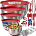 Priority Chef Stainless Steel Mixing Bowls with Lids Set, Metal Nesting Bowls with Airtight Lids, Graters, Non-Slip Base & Measurement Marks, Includes Utensil Set for Prep, Baking & Storage, Red